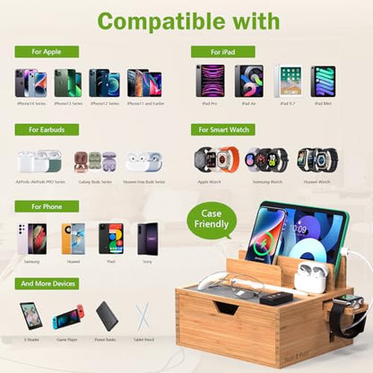 Pezin & Hulin Bamboo Charging Station with Power Charger & Cables-Black | Nightstand Docking Station with Lined Tray & Drawer for Multi Device, Compatible with Tablet, Cell Phones, Watch & Earbuds - color: #1 Bamboo (With Charger)
