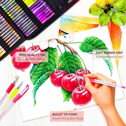 Soucolor 120 Gel Pens Set, Metallic Glitter Pastel,Refills,Drawing Kit Gift | 60 Gel Pens :Metallic,Glitter, Pastel, Neon, Rainbow & 60 Refills, Coloring Sheets — Zipper Case, Non-Toxic, Kids Adults - color: Pink