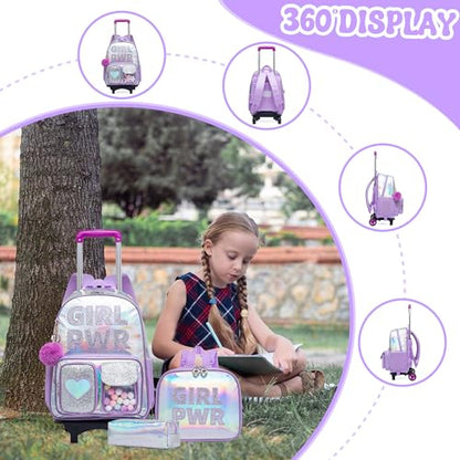 Meetbelify Rolling Backpack for Girls Backpack with Wheels for Elementary Student Kids School Bag with Lunch Box Pencil Case for Girls Ages 6-8 Years Old - color: Prw Purple