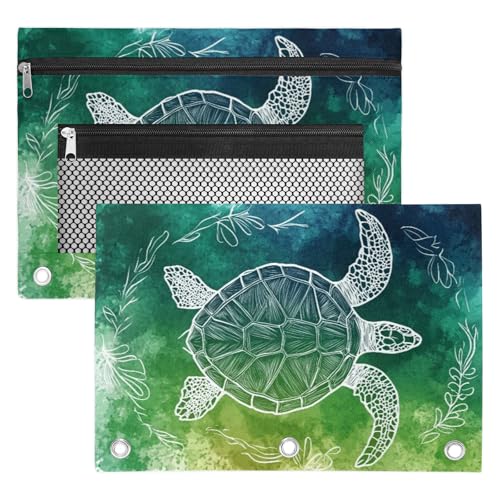 Sea Turtle Pencil Pouch for 3 Ring Binder Teal Green Pencil Case Bag with Clear Window Zipper Pockets for Kids Girls Boys Students School College Supplies 2 Pack - color: Teal Green