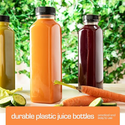 DECADORN 16 oz Juice Bottles with Caps, 20 Pack, Made in USA | BPA-Free Plastic Bottles, Tamper-Evident Lids, Leak-Resistant, Shatterproof, Disposable & Recyclable, for Juicing & Fridge - size: 16 oz 20 Pack