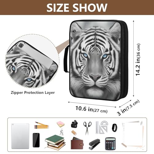 Heavy-Duty 3-Hole Ring System Binder Bag with 7-Compartment Document Sorter and 5 Elastic Pen Slots for Academic Lecture Halls Black White Tiger