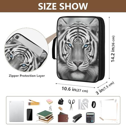 Heavy-Duty 3-Hole Ring System Binder Bag with 7-Compartment Document Sorter and 5 Elastic Pen Slots for Academic Lecture Halls Black White Tiger