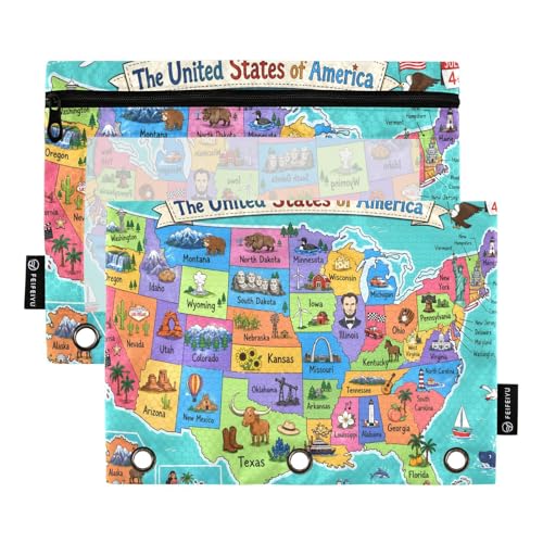 United States Map Pencil Pouch for 3 Ring Binder, 2 Pack Zipper Pencil Pouches with Clear Window Pencil Bag Case Office School Supplies - color: Multi62