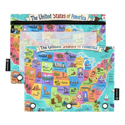 United States Map Pencil Pouch for 3 Ring Binder, 2 Pack Zipper Pencil Pouches with Clear Window Pencil Bag Case Office School Supplies - color: Multi62