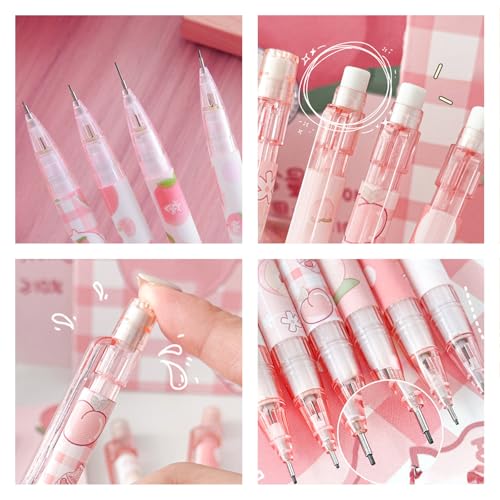Cute Pink Coquette Peach Mechanical Pencil Set Include 8Pcs Kawaii Mechanical Pencils,2 Tubes Mechanical Pencil Lead Refills,2Pcs Erasers,for Office School Supplies - style: pink peach