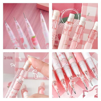Cute Pink Coquette Peach Mechanical Pencil Set Include 8Pcs Kawaii Mechanical Pencils,2 Tubes Mechanical Pencil Lead Refills,2Pcs Erasers,for Office School Supplies - style: pink peach