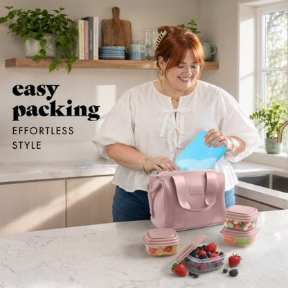 Fit & Fresh Remi Lunch Bag for Women Work – Neoprene Lunch Tote with Containers & Ice Pack, Reusable Meal Prep Lunch Box, Large Capacity, Machine Washable, Mauve - color: Mauve