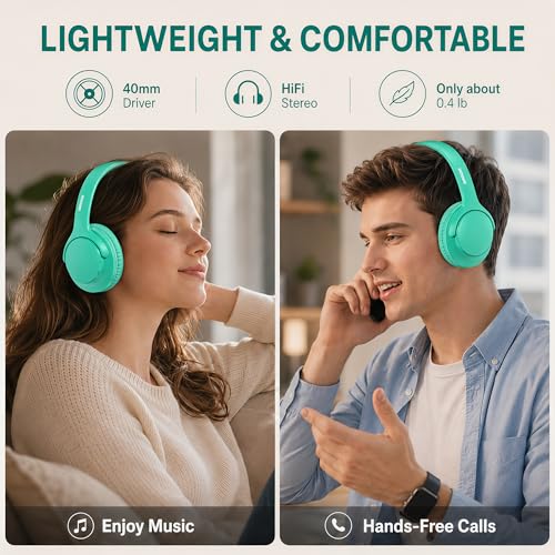 MIDOLA Bluetooth Headphones Over Ear, 68H Playtime Wireless Headphones with Microphone, 6 EQ Modes, HiFi Stereo Deep Bass, Foldable Lightweight Headset for Home Office, Cellphone, PC, Cyan - color: Cyan