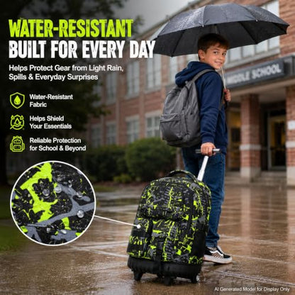 CCJPX 3Pcs Rolling Backpack for Boys, Roller Wheeled School Bookbag, Graffiti Wheels Backpacks with Lunch Box for Kids (Green) - color: Graffiti Green