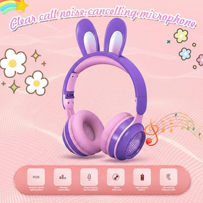 Rabbit Purple Cat Headphones Bluetooth, Noise Cancelling, LED, Mic | Delight your child with these stylish LED cat ear headphones premium noise cancellation, built-in mic, and wireless ease. - color: Rabbit Purple