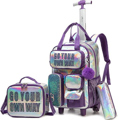 Kids Rolling Backpack with Wheels for Elementary Students Kids Travel Luggage Carry on School Backpack for Girls Ages 6-8 - color: A Purple