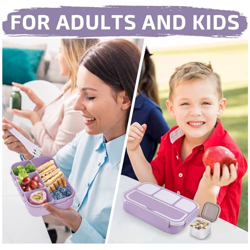 QQKO Bento Box Adult Lunch Box, Lunch Containers for Adults Men Women, Kids Lunch Boxes for School with 4 Compartments, Sauce Container, Utensils and Muffin Cups, Purple - color: Lavender