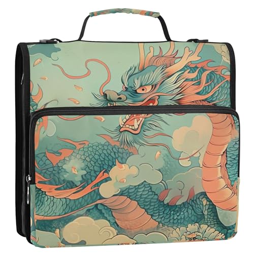Vintage Dragons Zipper Binder with Shoulder Strap & Handle for Easy Carry, 1.5 Inch 3-Ring Binder for School, Expansion Panel and Expanding File