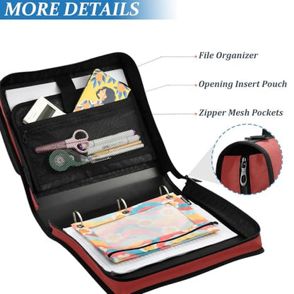 1.5 Inch 3 Rings Office Binder Organizer with Handle Includes Zip Pocket Documents Files Storage Bag Suitable for Middle School Brown Red - color: Brown Red