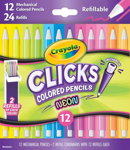 Crayola Clicks 2.0mm Mechanical Colored Pencil Set, 12 Neon Colors, Coloring Pencils for Kids, No Sharpen, 24 Replacement Cores, Ages 5+ - color: Neon, style: Click Mechanical Pencil