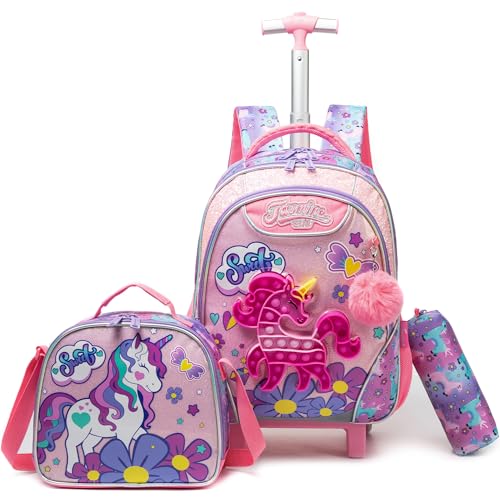 Meetbelify Unicorn Rolling Backpack with Wheels for Elementary Student Kids Wheels Trolley Trip Luggage with Lunch Bag Pencil Case for Girls Ages 6-8 - color: 01 Unicorn B