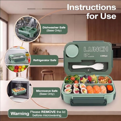 Bento Box Adult Lunch Box, Lunch Containers for Adults 44.5 Oz/5 Cup, Green | BPA-Free, Lid-Top Sauce Tray, Leak-Proof, 1300mL, Removable Silicone Sealing Ring, Lid-Top Utensil Slot with Included Cutlery - color: Green