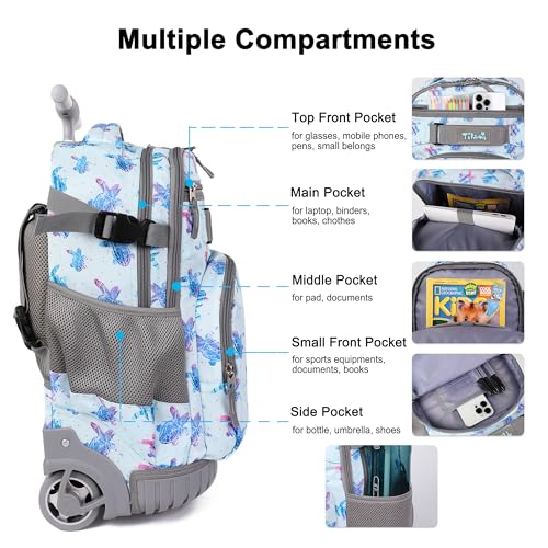 Tilami Rolling Backpack, 18 inch Shoulder Drop, Concealed Pockets and Wheel Cover, Laptop Backpack for Boys and Girls, Turtle Blue - color: Turtle Blue