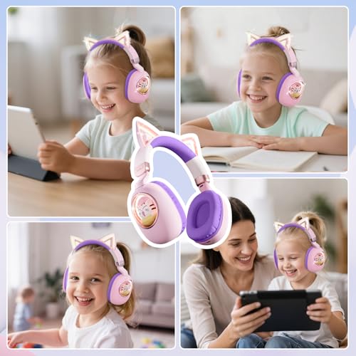 Kids Headphones Bluetooth 5.4 - Cat Ear LED Light Up Noise Cancelling Wireless Headphones with Mic, 85dB Volume Limited, Wired & Wireless Mode for Travel/School/iPad - color: Pink Purple