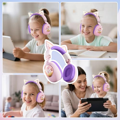 Kids Headphones Bluetooth 5.4 - Cat Ear LED Light Up Noise Cancelling Wireless Headphones with Mic, 85dB Volume Limited, Wired & Wireless Mode for Travel/School/iPad - color: Pink Purple