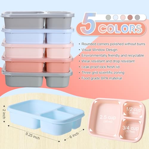Honeydak 5 Pack Snack Containers 3 Compartment Bento Snack Boxes Divided Meal Prep Containers with Lids Reusable Adults Lunch Food Storage Box for School Work Travel(Blue Gray Brown) - color: Blue Gray Brown