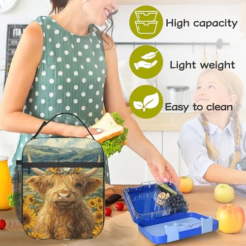 Highland Cow Sunflower Kids Lunch Bag Insulated Lunch Box Cooler Freezable Meal Prep Bag with Shoulder Strap Waterproof Lunch Container for Boys Girls School Office Picnic - color: Highland Cow Sunflower