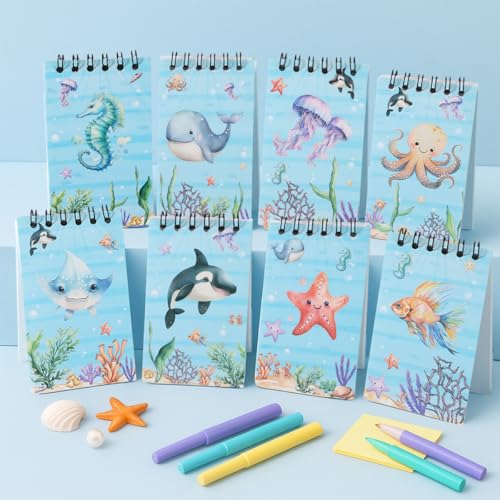 8 Pcs Mini Ocean Animal Spiral Notebooks 3.9 x 2.4 Inch, Under the Sea Party Favor Set Sea Animal Pocket Notepads, Underwater World Memo Books for Kids Classroom Rewards Birthday Party Gifts Favor - color: Ocean Animal