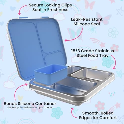 Bentgo Kids Stainless Steel Prints Leak-Resistant Lunch Box - 3-Compartments with Silicone Container, Durable, Eco-Friendly, Dishwasher Safe, BPA-Free, for School, Ages 3+ (Rainbows & Butterflies) - color: Rainbows and Butterflies