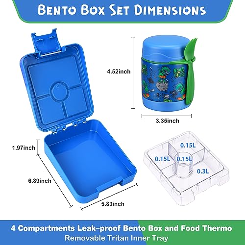 Pawtong Bento Lunch Box Set With 10oz Soup Thermo, Leak-proof Lunch Containers with 4 Compartment, Kids Hot Thermo Food Jar/Insulation Lunch Bag, Food Containers for School（Dinosaur） - color: Blue-Tyrannosaurus Rex