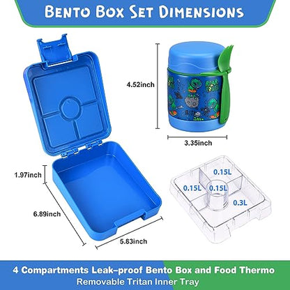 Pawtong Bento Lunch Box Set With 10oz Soup Thermo, Leak-proof Lunch Containers with 4 Compartment, Kids Hot Thermo Food Jar/Insulation Lunch Bag, Food Containers for School（Dinosaur） - color: Blue-Tyrannosaurus Rex