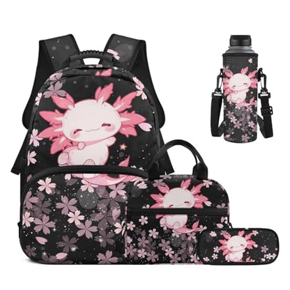 17 Inch Kid's 4PCS Backpack Set, Back to School Essentials | Insulated lunch box, water bottle pouch, pencil case, lightweight, padded shoulder straps, for elementary, middle school - color: Cute Axolotl