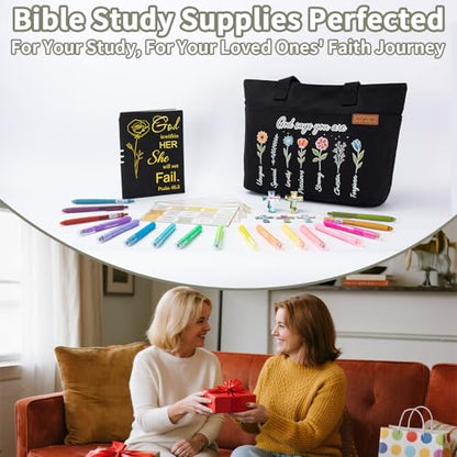 25 PCS Bible Study Supplies Kit, Large Capacity Canvas Tote Bag for Women Organizer, Bible Highlighters and Quick Dry Pens No Bleed Through, Notebook Bible Tabs Cross Bookmark Journaling Accessories - color: Black