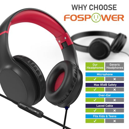 FosPower Kids Headphones with 3.5mm Laced Cables, Children & Teens Over The Ear Foldable Adjustable Headset w/Built-in Mic for Smartphones/PC/Tablet/Laptop/School (Max Volume 85dB) - Black/Red - color: 09 - Black/Red