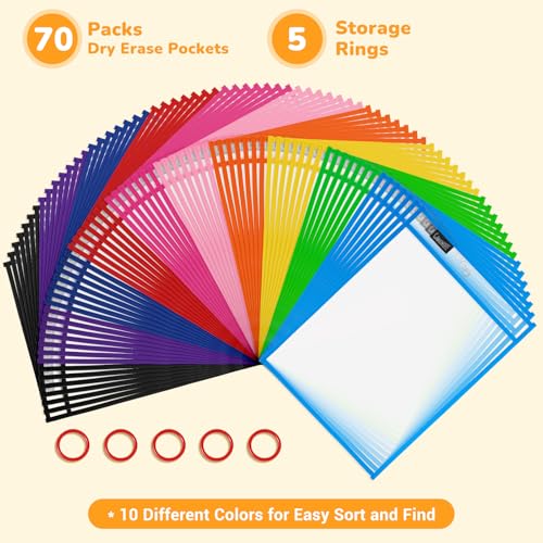 GAMENOTE 70팩 드라이 지우개 포켓, 25.4x35.6cm(10x14인치) 재사용 가능한 슬리브, 10가지 색상 | 70개의 재사용 가능한 PVC 포켓에는 21.6 x 27.9cm(8.5 x 11인치) 및 22.9 x 30.5cm(9 x 12인치) 시트를 담을 수 있습니다. 양면 - color: 다양한 색상, size: 70 Pack