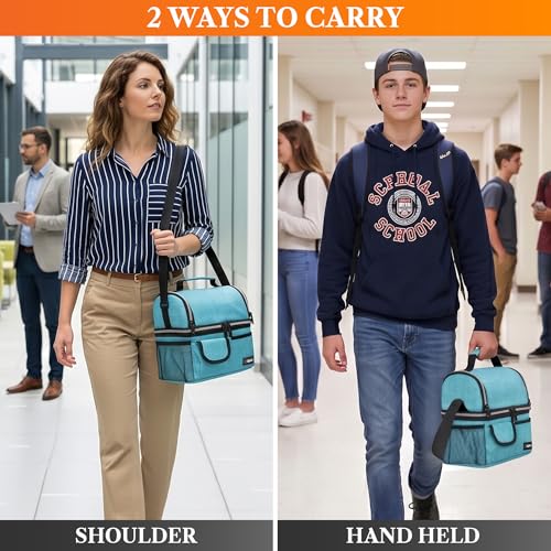 opux Insulated Lunch Bag Women Men, Dual Compartment Leakproof Lunch Box Adults Kids, Double Decker Meal Prep Bento Lunch Cooler Tote with Shoulder Strap for Work Office School Travel, Teal Blue - color: Heather Sea Blue
