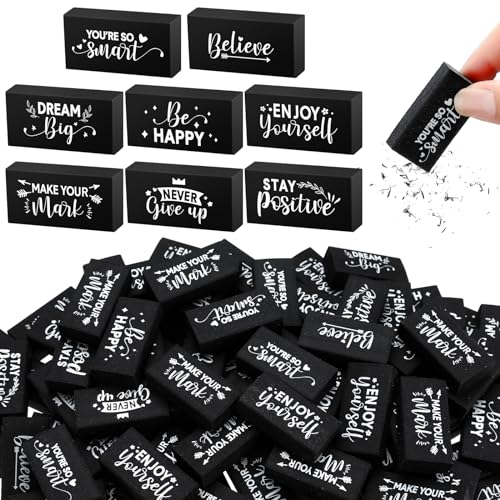 Dunzoom 100 Pcs Back to School Inspirational Pencil Erasers Bulk for Kids Fun Motivational Eraser School Office Supplies for Students Classroom Office Teacher Artists(Classic) - style: Classic