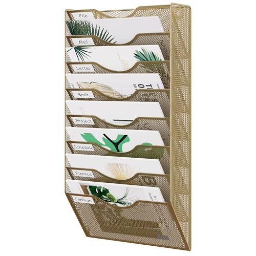 EasyPAG 8 Pocket Mesh Wall File Organizer, Hanging Paper Folder Holder with Classify Label, Vertical Wall Mount Mail Organizer for Office Home Classroom, Gold - color: Gold, size: 8 Tier