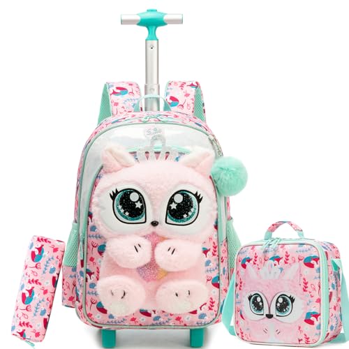 Cute Rolling Backpack for Girls,Lightweight Kids Backpack with Wheels,Wheeled School Bookbag with Pencil Case Lunch Box for Students - color: Pink Fox