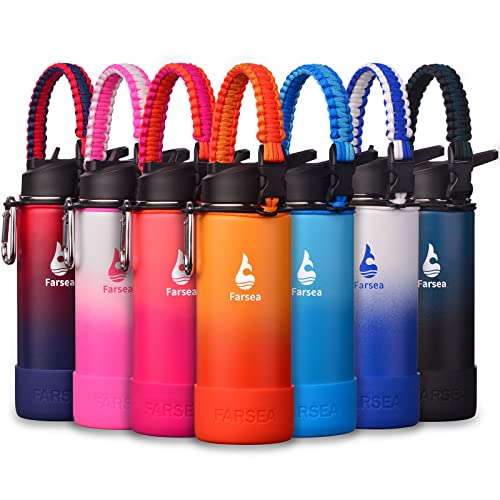 Farsea Insulated Water Bottle With Paracord Handle, Protective Silicone Boot and 2 Lids (Straw Lid & Spout Lid), Stainless Steel Water Bottle Wide Mouth, Double Wall Sweat-Proof BPA-Free, 18 oz - color: Orange/Red, size: 18 Ounces
