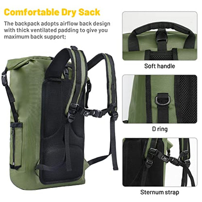 MIER Roll Top Waterproof Backpack Floating Dry Bag for Men Women | Heavy Duty Dry Sack, Cushioned Back, Multi-Pockets, Adjustable Chest Strap,For Kayaking Beach Boating Swimming Hiking Travel - color: Army Green/Black