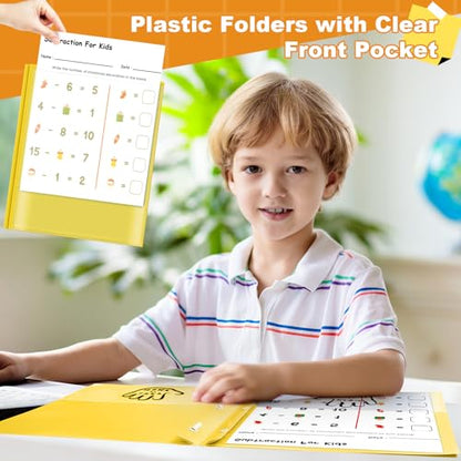 Henoyso 24 Pcs Plastic Folders with Clear Front Pockets and Prongs School to Home File Organizer Plastic Folder for Back to School Parent Teacher Communication Homework Office (Yellow) - color: Yellow