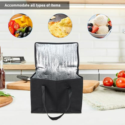 3Pcs Insulated Grocery Shopping Bag, FHDUSRYO 40L Large Black Food Delivery bags, Durable Thermal Cooler Bags with Handles and Bottom Plates, Reusable Lunch Container for Catering Grocery (43x26x33cm)