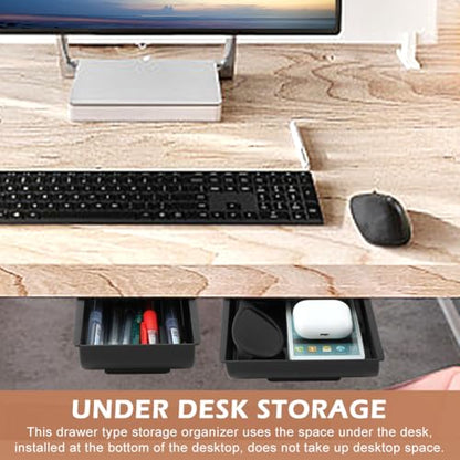 2pcs Under Desk Drawer, Table Hidde-n Slide Out Pencil Holder Self-Adhesive Desk Drawer Storage Tray Attachable for Stationery Home Office School (COLOR:black)