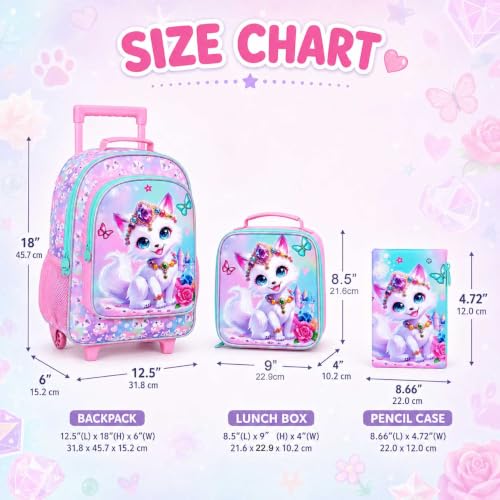 3Pcs Rolling Backpack for Girls, Fox Kids School Backpacks with Wheels, Roller Bookbag with Lunch Box for Elementary Preschool(White) - color: Fox Pink