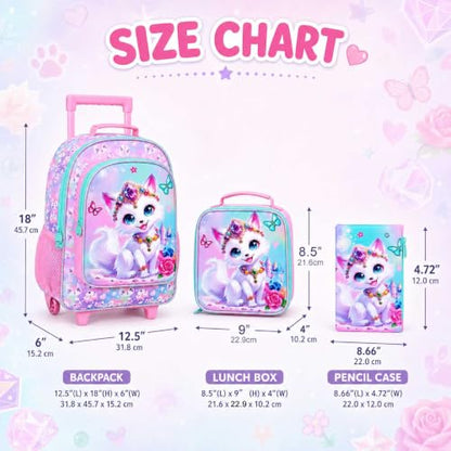 3Pcs Rolling Backpack for Girls, Fox Kids School Backpacks with Wheels, Roller Bookbag with Lunch Box for Elementary Preschool(White) - color: Fox Pink