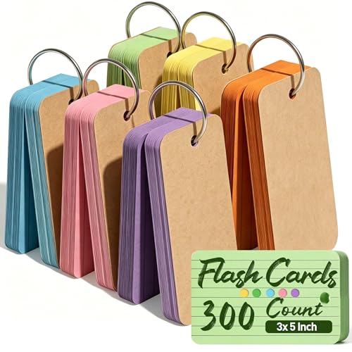 Koogel Index Cards 3x5 Inch with Ring, 300 Count, Colored Ruled Flash Cards for Studying, Heavyweight Lined Notecard for School Office Home Learning Memory Note Taking To Do List Supplies, 6 Colors - color: Multicolored, size: 3x5