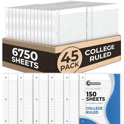 Rosmonde 6750 Sheets Loose Leaf Paper Bulk, 45 Pack, College Ruled Paper | Bulk Office Filler Paper, 8" x 10.5", 150 Sheets/Pack, Bulk Notebook Paper, 3 Hole Punched, College Ruled Paper For Binder - color: College Ruled, size: 45 Pack (6750 Sheets)
