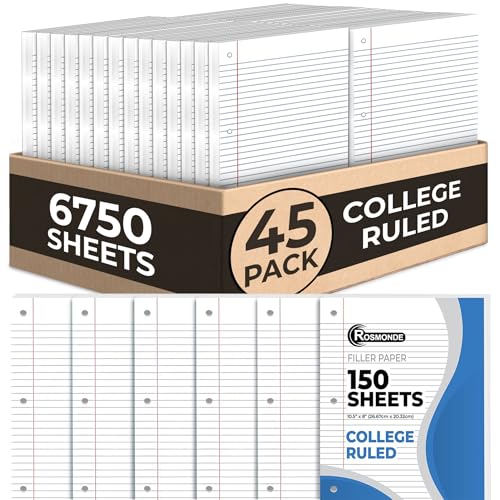 Rosmonde 6750 Sheets Loose Leaf Paper Bulk, 45 Pack, College Ruled Paper | Bulk Office Filler Paper, 8" x 10.5", 150 Sheets/Pack, Bulk Notebook Paper, 3 Hole Punched, College Ruled Paper For Binder - color: College Ruled, size: 45 Pack (6750 Sheets)