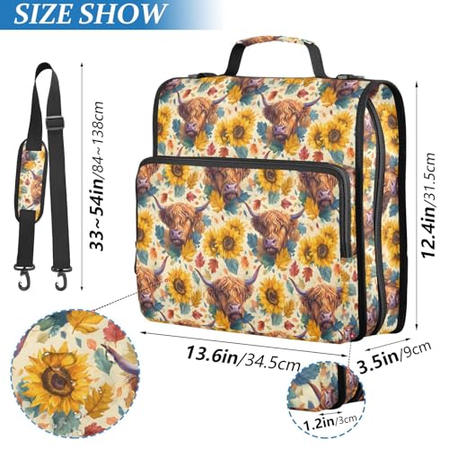 3 Ring Zipper Binder Highland Cow Sunflower Binders Bag with Shoulder Strap 500 Sheets Paper Organizer Trapper Keeper Documents Storage File Folder for School Office - color: A1358